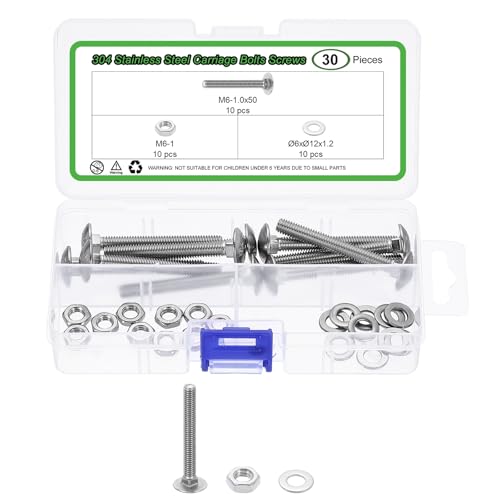uxcell 10 Set Carriage Bolts and Nuts Kit, M6-1.0x50 Stainless Steel 304 Round Head Square Neck Carriage Bolts Screws and Hex Nuts and Flat Washers - Silver - size: M6-1.0x50mm