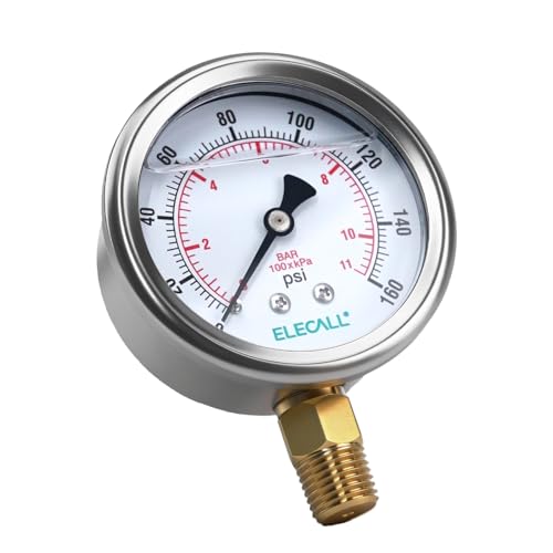 160psi Silicone Oil Pressure Gauge for Water Oil Air Pressure Test in Water Pump, Tire, Large Air Compressor, Well Pump, RV Regulator, 2-1/2" Stainless Steel Case, Lower Mount 1/4" NPT - size: 0-160 Psi, style: Lower Mount