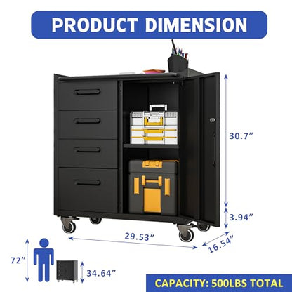Mobile Tool Storage Cabinet with 4 Drawer and 1 Locking Doors - color: Black, style: 1 door 4 drawer with wheels