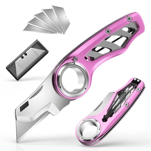 Folding Utility Knife P-ocket Knife, Heavy-Duty Box Cutter with Anti Slip Finger Loop, Quick Change Blade Razor Knife, Box Cutters for Home, Office, Warehouse, Durable Razor Knife, Box Knife (Pink) - color: Pink
