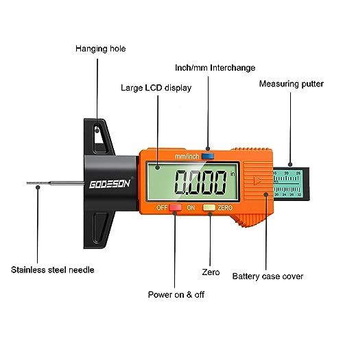 GODESON Digital Tire Tread Depth Gauge 25.4 mm Orange - color: Orange