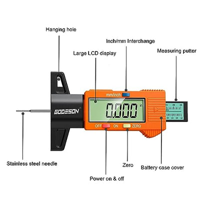 GODESON Digital Tire Tread Depth Gauge 25.4 mm Orange - color: Orange