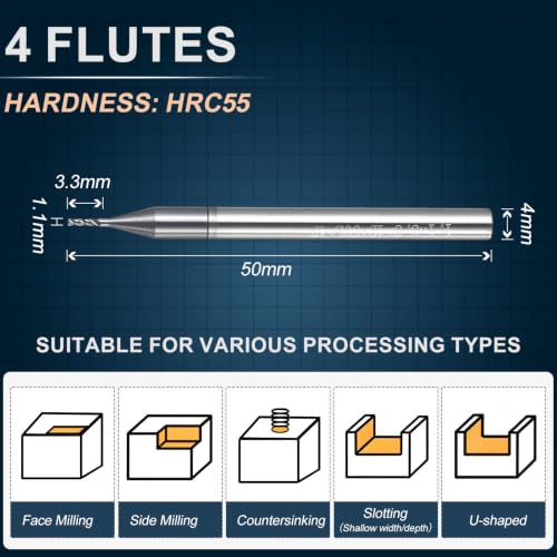 1.1mm Carbide End Mill, 3.3mm Cut L, 50mm L, 4mm Shank, Black - color: Black, size: 1.1mm Dia,3.3mm CL,50mm L,4mm Shank