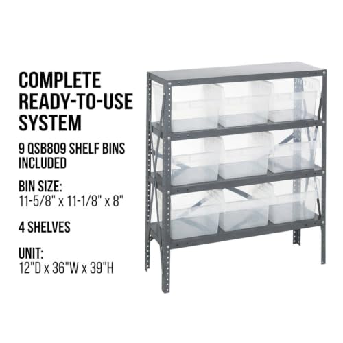 Quantum Storage 1239-SB809 Store-Max Steel Shelf Bin Organizer System, 9 8"H Hopper-Front Bins, 4-Shelf Unit, 400 lb Per Shelf, for Warehouse, Shop, Garage & Stockroom, 12"D x 36"W x 39"H, Clear - size: 39" H x 36" W x 12" D, style: 12" L x 12" W x 8" H 9