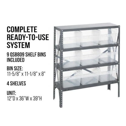 Quantum Storage 1239-SB809 Store-Max Steel Shelf Bin Organizer System, 9 8"H Hopper-Front Bins, 4-Shelf Unit, 400 lb Per Shelf, for Warehouse, Shop, Garage & Stockroom, 12"D x 36"W x 39"H, Clear - size: 39" H x 36" W x 12" D, style: 12" L x 12" W x 8" H 9