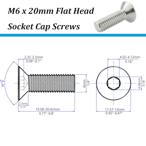 M6 x 20mm Flat Head Socket Cap Screws,Fajoeda 20Pcs M6 Countersunk Bolts 18-8 (304) Stainless Steel Hex Socket Cap Screws - size: 20PCS M6-1.0 x 20mm
