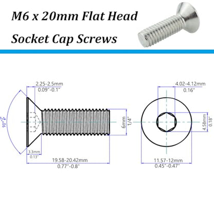 M6 x 20mm Flat Head Socket Cap Screws,Fajoeda 20Pcs M6 Countersunk Bolts 18-8 (304) Stainless Steel Hex Socket Cap Screws - size: 20PCS M6-1.0 x 20mm