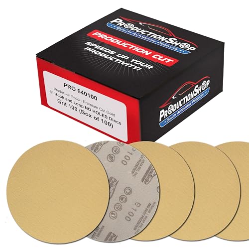 ProductionShop Premium 100 Grit 6" Gold Sanding Discs, Box of 100 - Hook & Loop Backing Abrasive Sandpaper for DA & Random Orbital Sanders - Sand Automotive Paint, Metal, Wood, Woodworking Furniture - style: 100 Grit