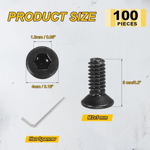 PATIKIL M2x5mm Flat Head Socket Cap Screws Carbon Steel Hex Spanner 100Pcs - size: M2x5 mm