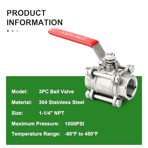 TAISHER 1PCS 1-1/4" FNPT Heavy Duty 3PC High Platform Ball Valve 304 Stainless Steel with Red Handles W0G1000 - size: 1-1/4" FNPT(3PC)