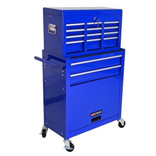 Blue 8-Drawer Heavy Duty Tool Chest w/Ball Bearing Drawers, Central Locking & 4 Wheels (2 Brakes) - Rolling Garage Storage Cabinet - color: Blue, size: 24.2 x 13 x 42.8