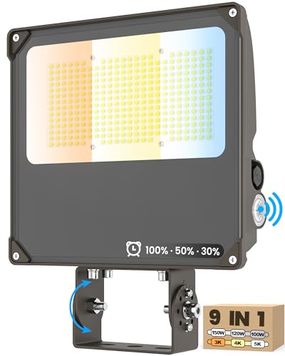 YARBO 9-in-1 LED Flood Light, 150W/120W/100W & 5000K/4000K/3000K Selectable, Timer Dimming & Dusk-to-Dawn Photocell, 22500LM IP65 Waterproof ETL Listed 100-277V, Trunnion Mount for Driveway Warehouse - size: 150W/120W/100W Selectable || Trunnion Mount