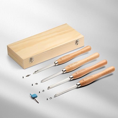 SainSmart 4 PCS Carbide Wood Lathe Turning Tool Set, Diamond, Round, and Square Replaceable Carbide Inserts, Ergonomic Wood Handle, for Turning Pens or Projects, One Wooden Storage Case