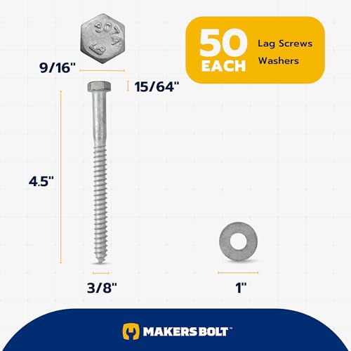 3/8 x 4-1/2 (50 Pack) Lag Screw Kit, 50 Screws and 50 washers, Hot Dip Galvanized, Meets ASME B18.2.1 Industrial/Commercial Grade by Makers Bolt - size: 3/8 x 4-1/2