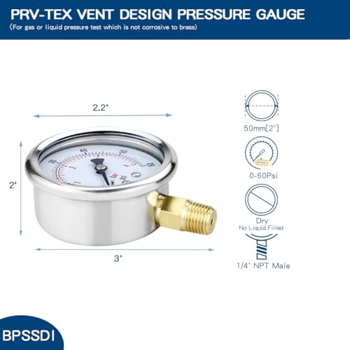 0-60 Psi Low Pressure Gauge, 2.5" Dial Size, 1/4" NPT Lower Mount, 304 Stainless Steel Case, Water Pressure Gauge Test for Water Pump, Pneumatic Air, RV Hose(with Tape) - size: 0-60 psi, style: Lower Mount