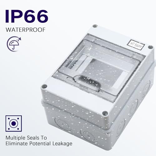 5 Way Distribution Protection Box,ABS/PC Alloy Plastic Transparent Cover Circuit Breaker Box IP66 Waterproof Distribution Box with DIN Rail and Waterproof Connector - size: HT-5