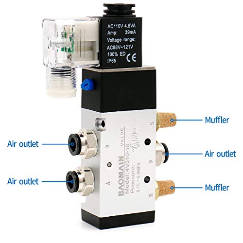 Baomain Pneumatic Solenoid Valve 4V310-10 AC 110V PT 3/8" 2 Position 5 Way Single Coil Pilot-Operated Electric Control with 3 Fitting and 2 muffler (AC 110V) - style: AC 110V