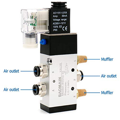 Baomain Pneumatic Solenoid Valve 4V310-10 AC 110V PT 3/8" 2 Position 5 Way Single Coil Pilot-Operated Electric Control with 3 Fitting and 2 muffler (AC 110V) - style: AC 110V