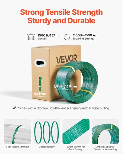 VEVOR Banding Strapping Kit, Heavy Duty Banding Sealer Tool with 1500 ft PET Band, 450 Metal Seals, 150 Corner Protectors & Gloves, Plastic Pallet Packaging Strapping Kit for Warehouse/Shipping/Moving - size: PET 5/8"x1500' 6PC Set