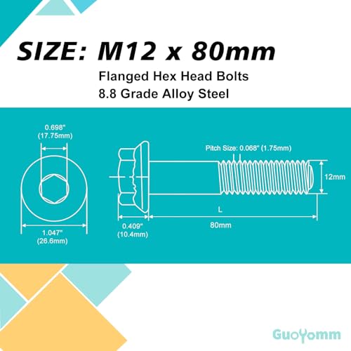 M12 x 80mm 4pcs Flanged Hex Head Bolts, M12 x 1.75 Bolts, Flange Hexagon Head Screws, 8.8 Grade Alloy Steel, Yellow Zinc Plated, Metric Half Thread - size: M12 x 80mm(4PCS)