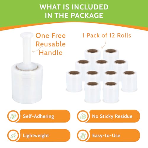PSBM Mini Stretch Film/Wrap with Plastic Handle 5" x 1000' 90 GA 12 Rolls - size: 5 Inch, style: 90 GA