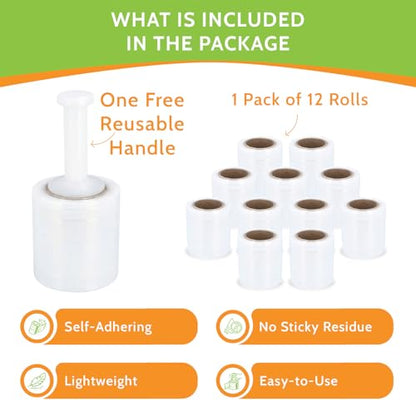 PSBM Mini Stretch Film/Wrap with Plastic Handle 5" x 1000' 90 GA 12 Rolls - size: 5 Inch, style: 90 GA