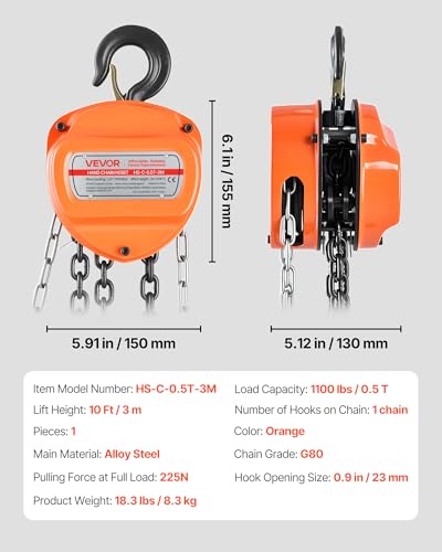 VEVOR Hand Chain Hoist, 1/2 Ton 1100 lbs Capacity, Manual Chain Block with Upgrade G80 Galvanized Chain, 10 ft Lifting Height, Heavy Duty Pulley Hoist for Garage Warehouse Automotive Machinery, Orange - size: 1/2T 10FT