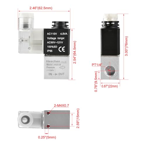 Heschen Electrical Pneumatic Solenoid Valve 2V025-08 110VAC, PT1/4 2 Position 2 Way Normally Closed,For Industrial Control Systems And Equipment