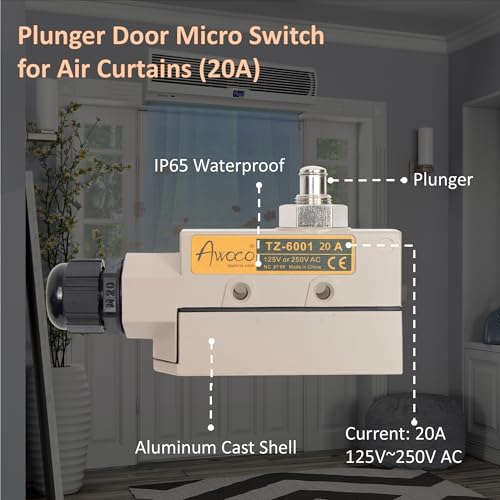 Awoco Heavy Duty Commercial Plunger Door Micro Switch for Air Curtains, 250V 20A IP 65 Limit Switch Type NO and Type NC (TZ-6001-20A) - style: TZ-6001-20A