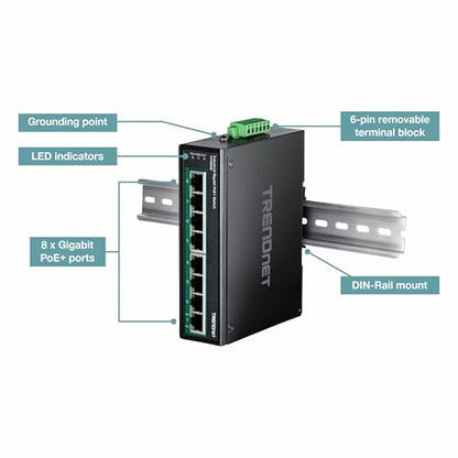 TRENDnet 8-Port Industrial Gigabit PoE+ DIN-Rail Switch, TI-PG80B - style: 8 Port w/ Boost Voltage