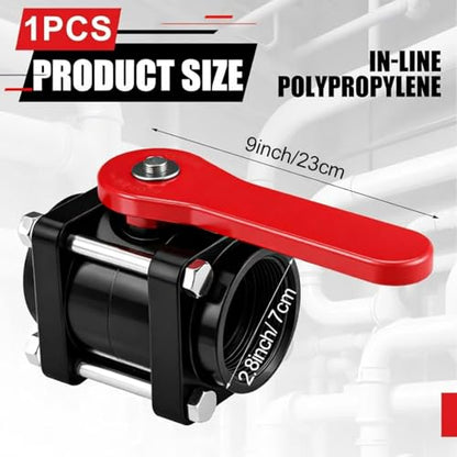 1 Pcs Red Inline Polypropylene Ball Valve 2" Npt Female Stainless Steel Exterior Chemical Resistant for Water Irrigation Industrial Systems - color: Red
