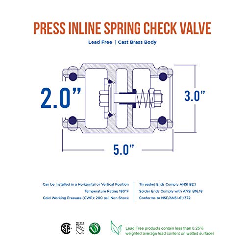 Midline Valve 372S422-5 Inline Spring Loaded Check Valve, Backflow Prevention, Lead Free, 2 in. Press Connections, Cast Brass (5 Pack) - size: 2 in., style: 5 Pack