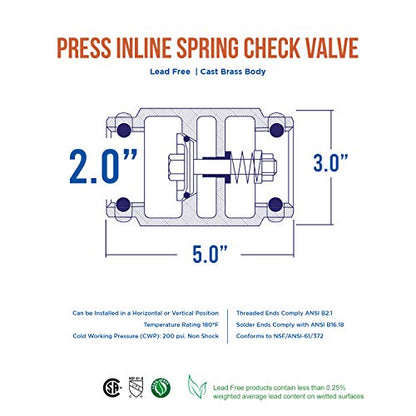 Midline Valve 372S422 Inline Spring Loaded Check Valve, Backflow Prevention Lead-Free, 2 in. Press Connections, Cast Brass, 2 - size: 2 in., style: Single Pack
