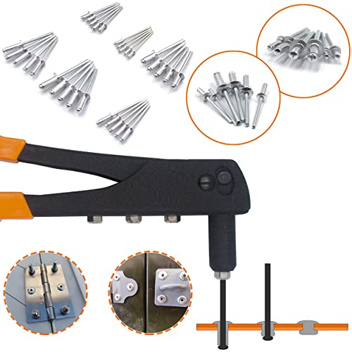 ISPINNER 225pcs Aluminum Blind Rivets Assortment Kit with Heavy Duty Hand Riveter Rivet Gun Tool, 6 Sizes Pop Rivets