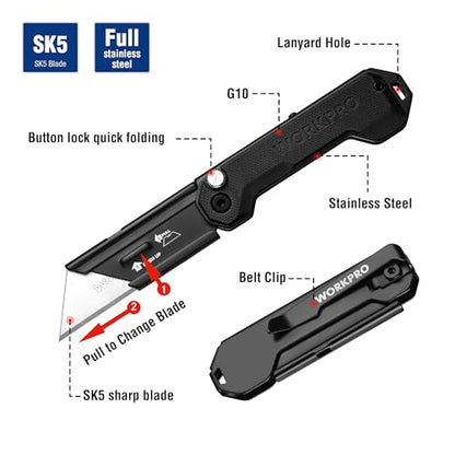 WORKPRO EDC Folding Utility Knife, Mini Box Cutter with Quick Open Axis Lock, Quick Change Blade Razor Knife, Foldable Small Pocket Knife with Belt Clip - color: Black-g10