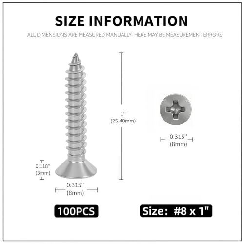 #8 x 1 [100 Pack] Flat Head Phillips Drive Self Tapping Screws, Sheet Metal Screws, 304 Stainless Steel (18-8), Corrosion Resistant Screws for Wood, Sheet Metal and More - size: #8 x 1