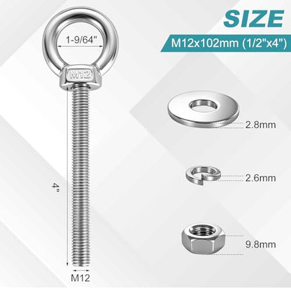 304 Stainless Steel Eye Bolt, M12x102mm (1/2"x4") Heavy Duty Eye Bolts with Nuts Washers, 2 Pack Lifting Ring Eye Bolt for Hanging String Lights Outdoor Tie Down - size: M12x102mm(1/2"x4")