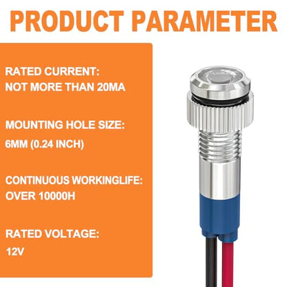 GASHER 5 PCS Energy Saving Indicator Light, LED Light 12V/24V/110V 20mA Panel Mount Light, Mounting Hole Size 6mm White LED (12V) - color: White, size: 6MM（12V）