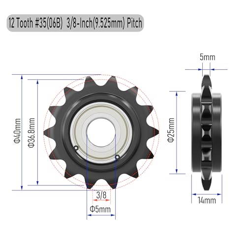 12 Tooth Roller Chain Sprocket, 40mm OD 8mm Bore 3/8" Pitch Chain Idler Sprocket, Single Bearing Black Oxide Finish C45 Carbon Steel for ISO 06B Chain - size: 5mm Bore 12 Tooth