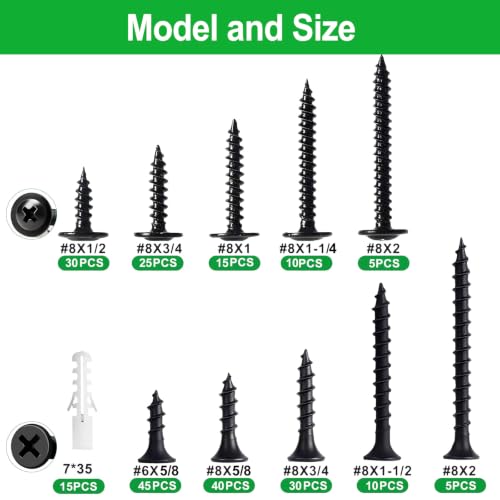 230PCS #6#8 Black Wood Screws Assortment Kit,Black Drywall Screws for Wood,Flat Head & Phillips Truss Head Self Tapping Screws for Wood,Sheetrock - color: Black-230PCS