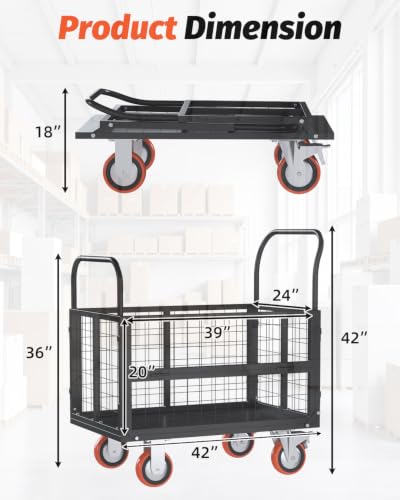 AECOJOY 6-in-1 Folding Platform Truck Cart with Cage and Swivel Wheels