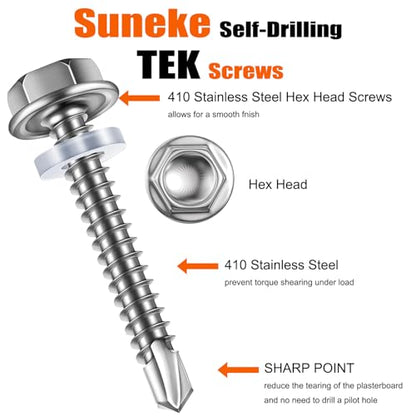 (50Pcs)#14 * 1"(6.3mm*25mm) Suneke 410 Stainless Steel Self-Drilling TEK Screws, Hex Washer Head with EPDM Waterproof Washers，External Hex Drive, Includes Drill Bit & Storage Box - size: 1", style: #14