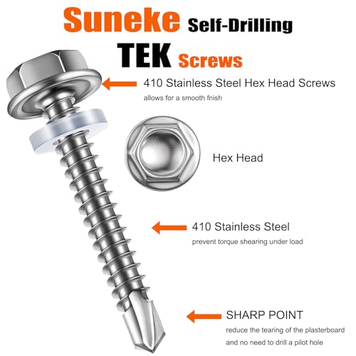 (26Pcs)#14 * 2-3/4"(6.3mm*70mm) Suneke 410 Stainless Steel Self-Drilling TEK Screws, Hex Washer Head with EPDM Waterproof Washers，External Hex Drive, Includes Drill Bit & Storage Box - size: 2-3/4", style: #14