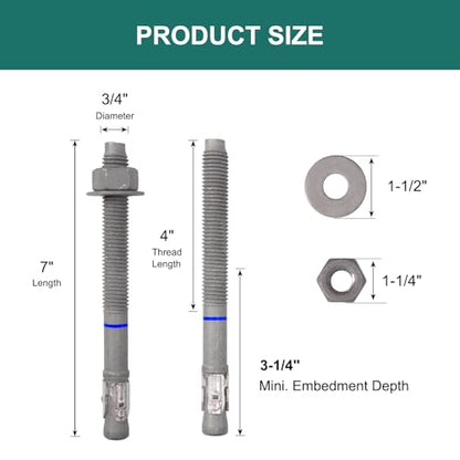 3/4" x 7" Concrete Anchors (10 Pack) 3/4 inch Wedge Anchors Bolts Hot Dip Galvanized - size: 3/4"x7" (10 PCS)