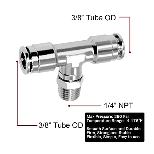 Beduan Push to Connect Tube Fitting Union Tee, Copper Nickle-Plated 3/8" Tube OD x 1/4" NPT Male Thread Shaped Union Adapter Fitting (Pack of 5) - size: 3/8"OD x 1/4"NPT