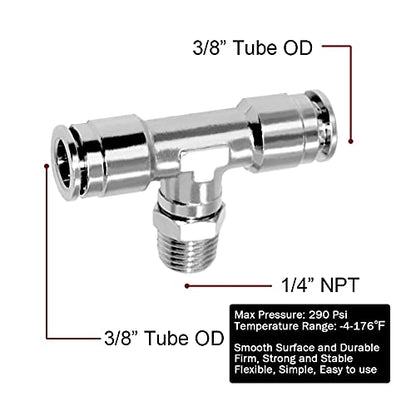 Beduan Push to Connect Tube Fitting Union Tee, Copper Nickle-Plated 3/8" Tube OD x 1/4" NPT Male Thread Shaped Union Adapter Fitting (Pack of 5) - size: 3/8"OD x 1/4"NPT