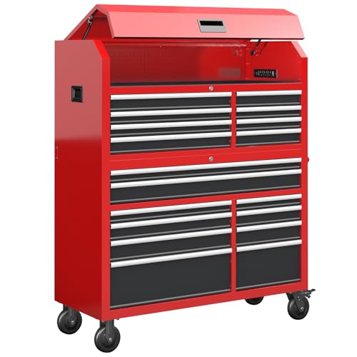 LARBANKE 60'' Rolling Tool Chest Combo, 18-Drawer Heavy Duty Steel Tool Cabinet with Power Outlet, Locking System & Wheels, Mobile Tool Box Organizer for Garage, Workshop, Mechanic & DIY Home Use - color: Red, size: 18 drawer tool chest