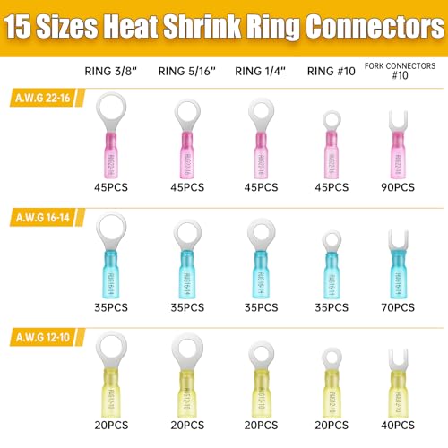 600PCS Marine Grade Heat Shrink Wire Connectors-Electrical Connectors Kit of Tinned Red Copper,Crimp Insulated Ring Fork Spade Butt Splice AWG22-16 16-14 12-10 Gauge (600pcs Kit, AWG 22-10) - size: AWG 22-10, style: 600pcs Kit