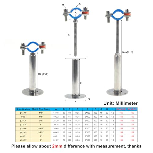 4PCS 304 Stainless Steel Wall Mount Ceiling Mount Pipe Supports,Suitable for OD Pipe 3/4"(25-28mm),Adjustable Height 100-200mm,Adjustable Pipe Strap Clamp with Screws - color: Adjustable Height 100-200mm, style: 4pcs 3/4"(25-28mm)