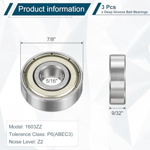 uxcell 1603ZZ Deep Groove Ball Bearing, 3pcs 5/16" x 7/8" x 9/32" Hign Carbon Chrome Steel Z2 Double Metal Sealed Bearing (P6) - size: 1603ZZ 5/16" x 7/8" x 9/32"